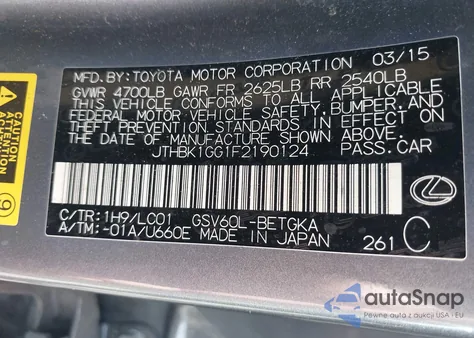2015 Lexus Es 350 from USA, damaged, VIN JTHBK1GG1F2190124